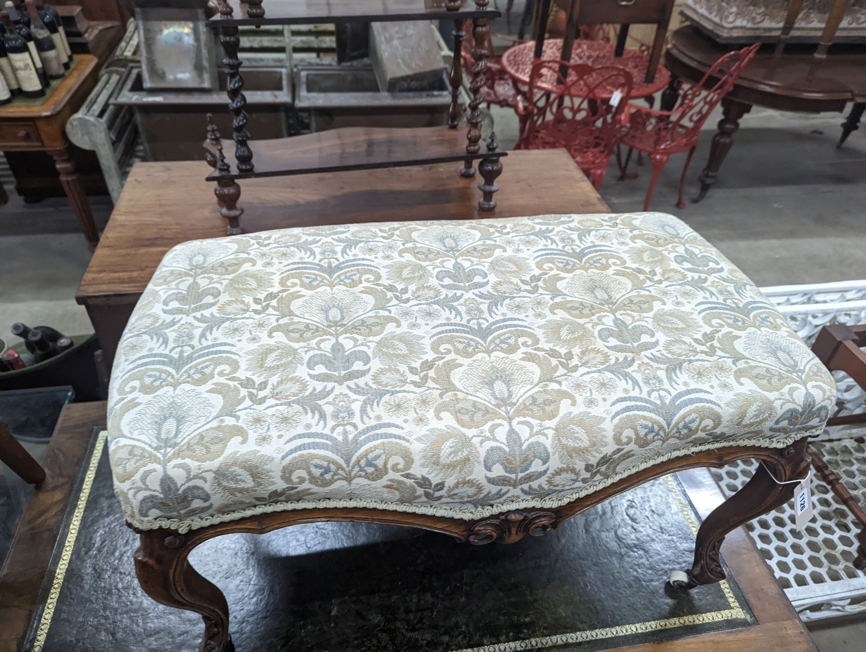 A Victorian rectangular walnut cabriole leg dressing stool, length 80cm, depth 45cm, height 46cm